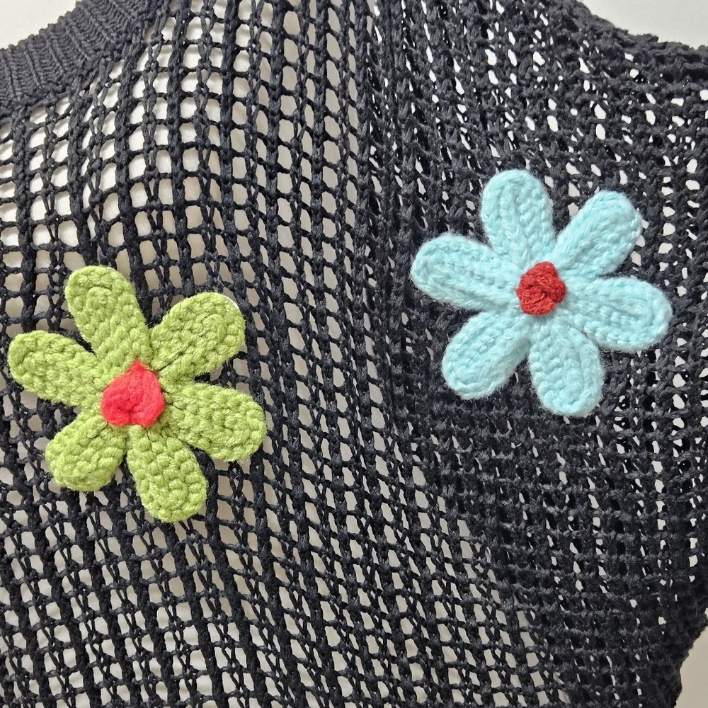 Crochet Mesh Knit Top XL Colorful Floral Appliques Short Sleeve Festival Boho - Picture 10 of 14